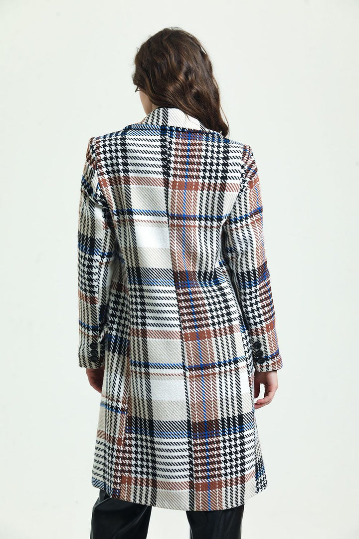 SNS Sense Beige Plaid 6-Button Lined Pea Coat - Joliet