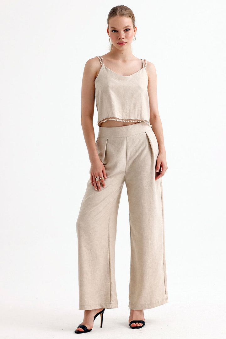 SNS Sense Beige Pearl Detailed Blouse Pants 2-Piece Set - Natick