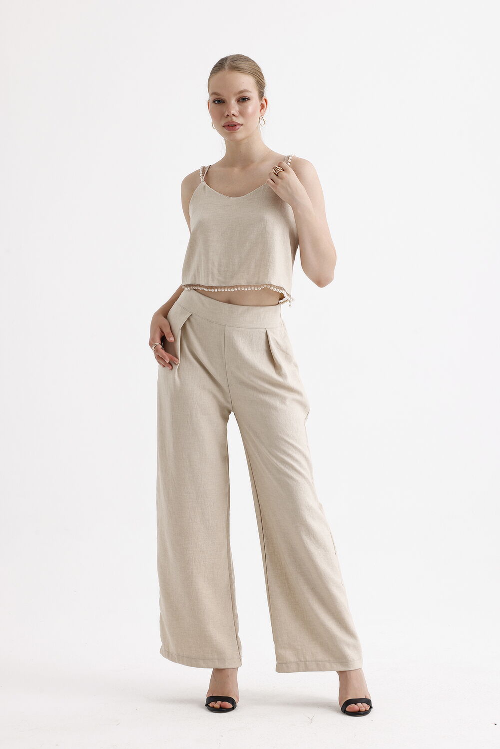 SNS Sense Beige Pearl Detailed Blouse Pants 2-Piece Set - Natick