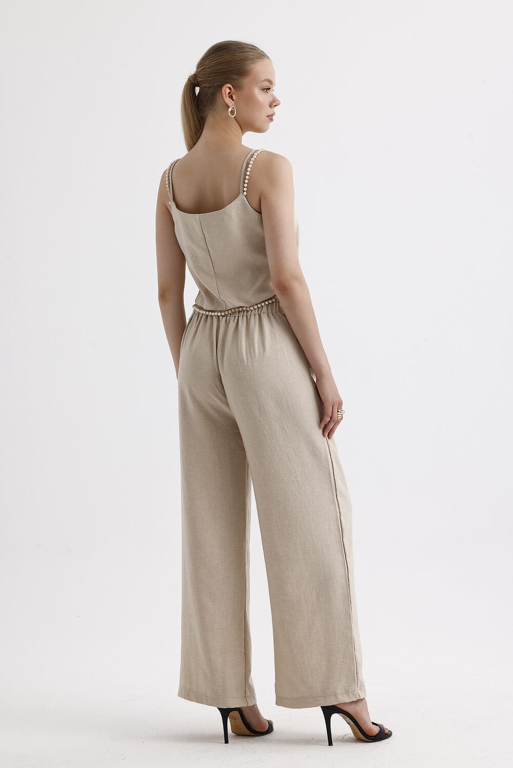SNS Sense Beige Pearl Detailed Blouse Pants 2-Piece Set - Natick