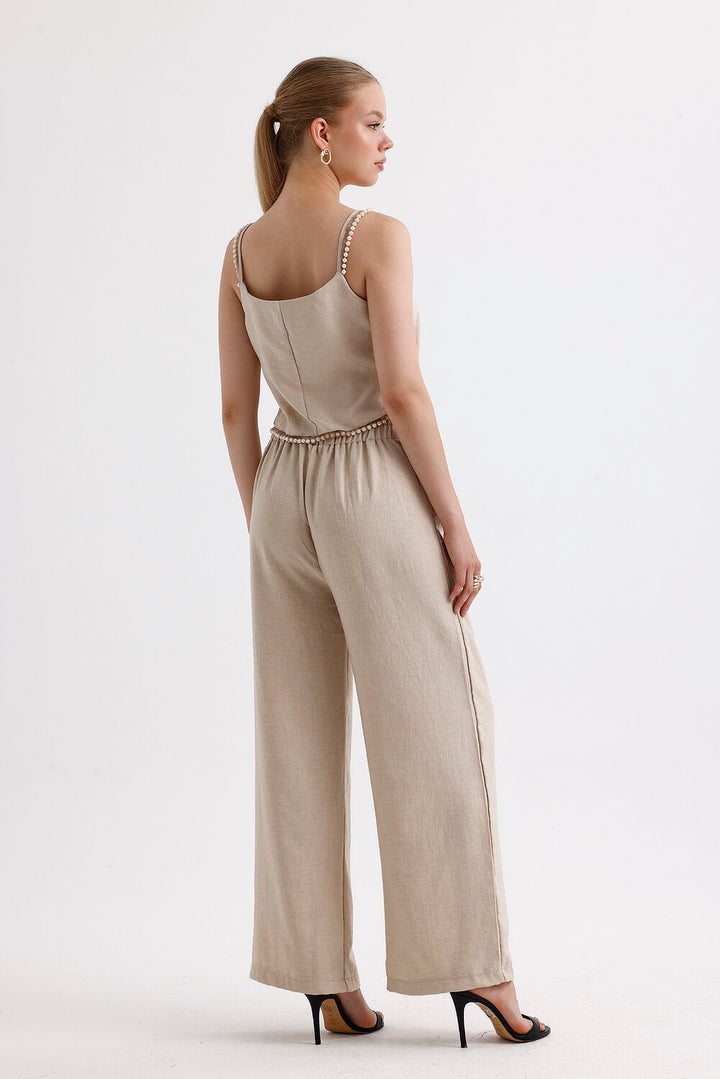 SNS Sense Beige Pearl Detailed Blouse Pants 2-Piece Set - Natick