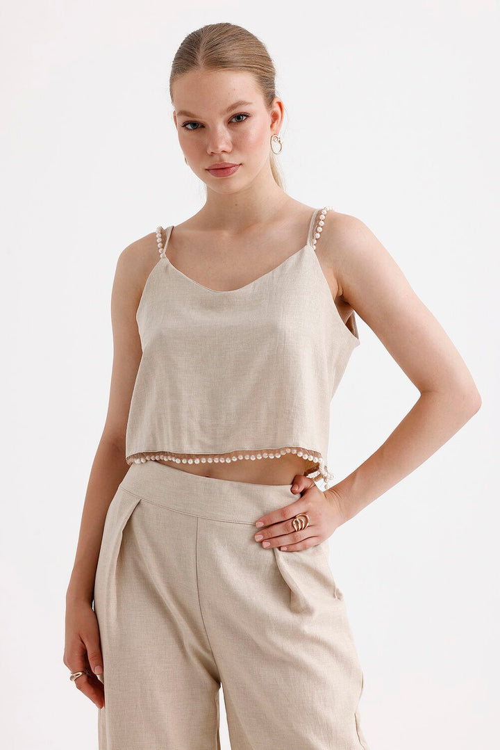 SNS Sense Beige Pearl Detailed Blouse Pants 2-Piece Set - Natick