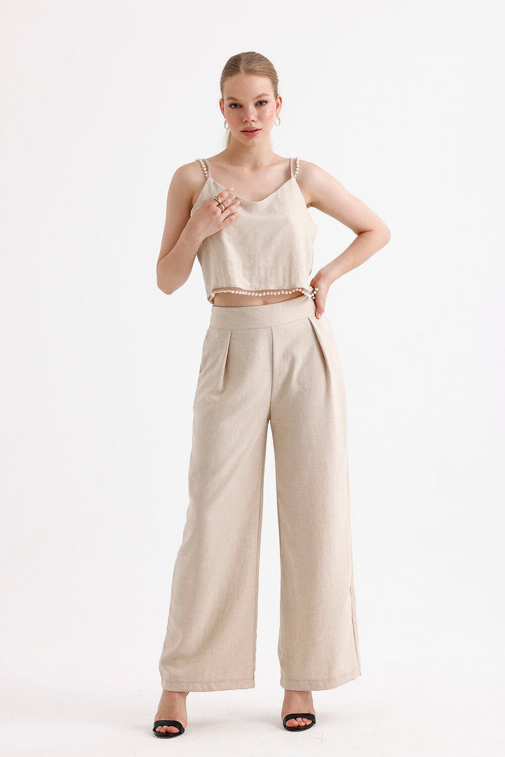 SNS Sense Beige Pearl Detailed Blouse Pants 2-Piece Set - Natick