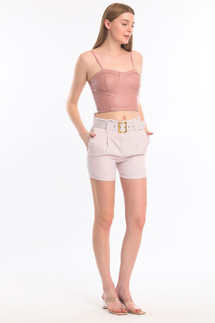 SNS Sense Beige Belted Striped Women's Shorts - Northwich