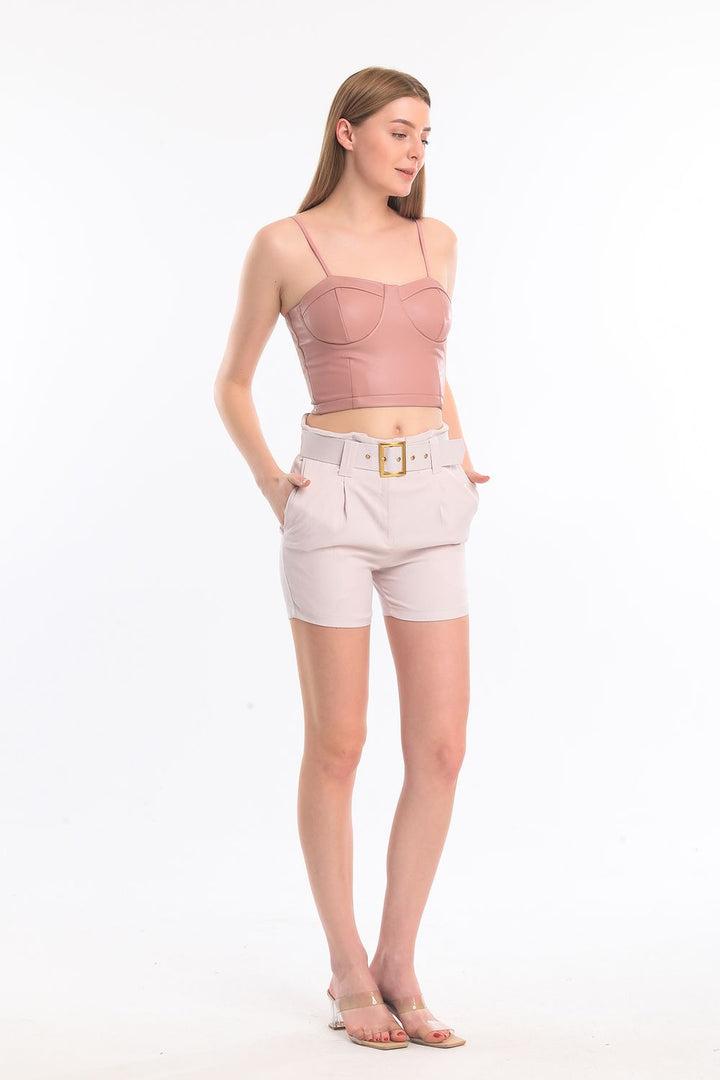 SNS Sense Beige Belted Striped Women's Shorts - Northwich