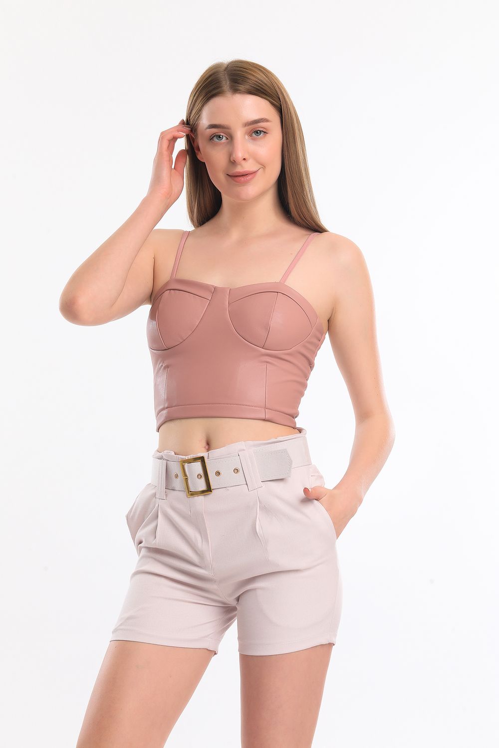 SNS Sense Beige Belted Striped Women's Shorts - Northwich