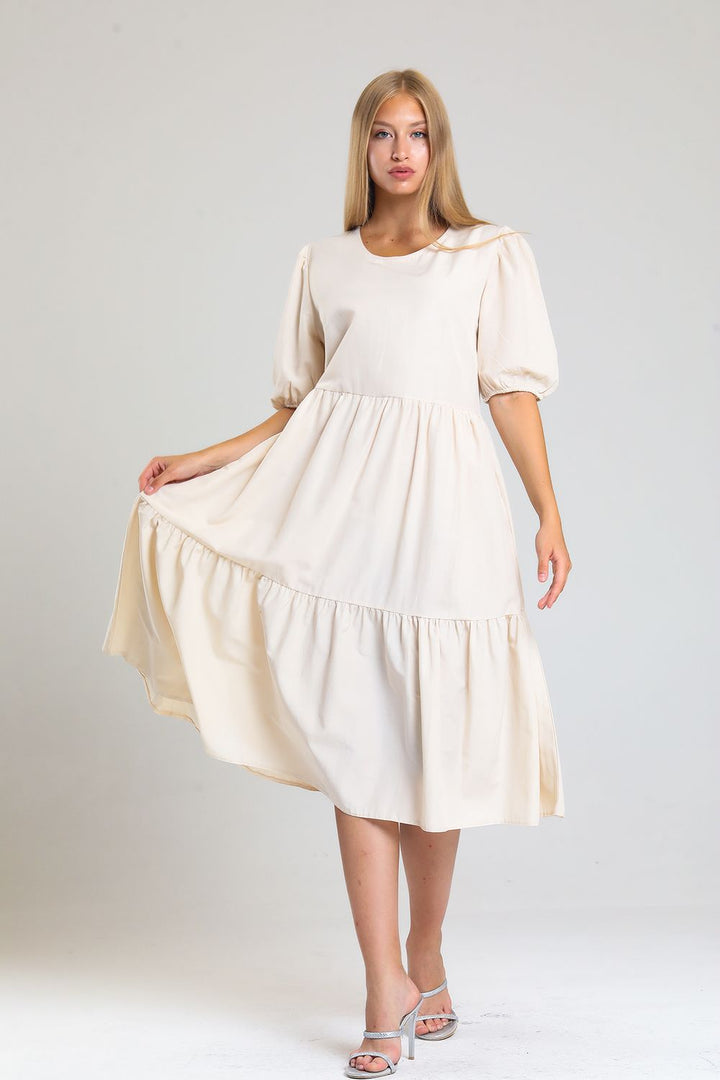 SNS Sense Beige Short Sleeve Cuff Elastic Frilly Casual Dress - Dessau-Rosslau