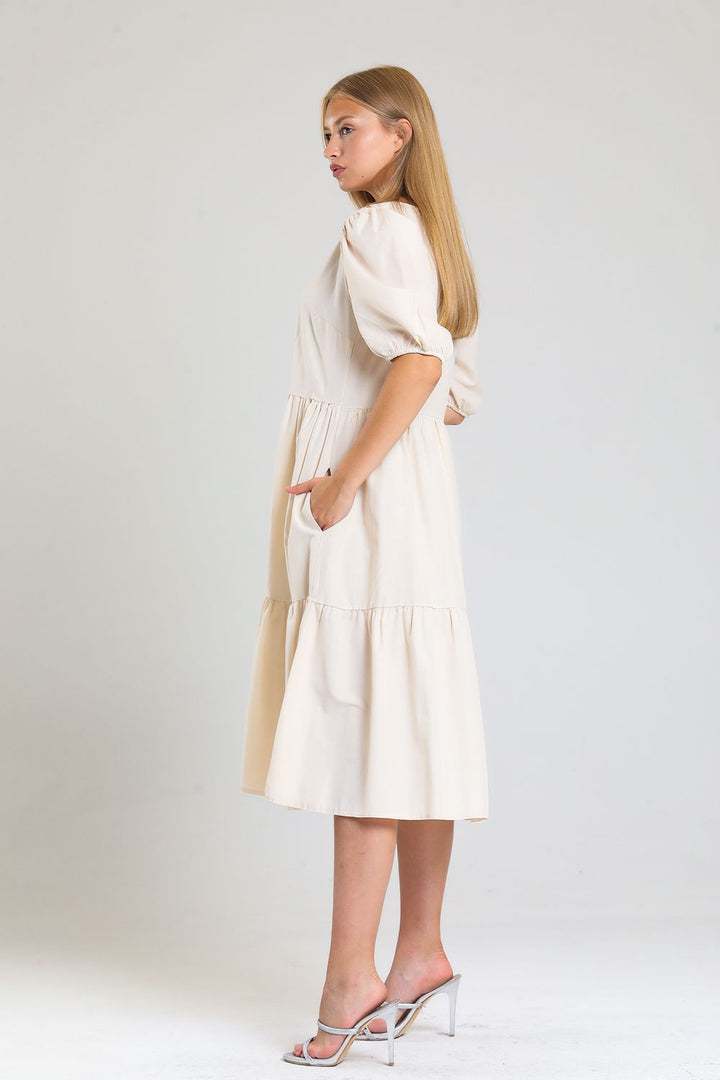 SNS Sense Beige Short Sleeve Cuff Elastic Frilly Casual Dress - Dessau-Rosslau