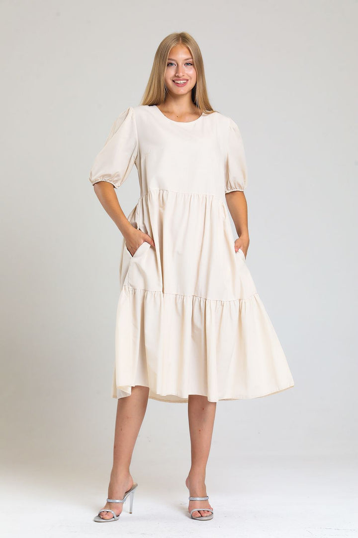 SNS Sense Beige Short Sleeve Cuff Elastic Frilly Casual Dress - Dessau-Rosslau