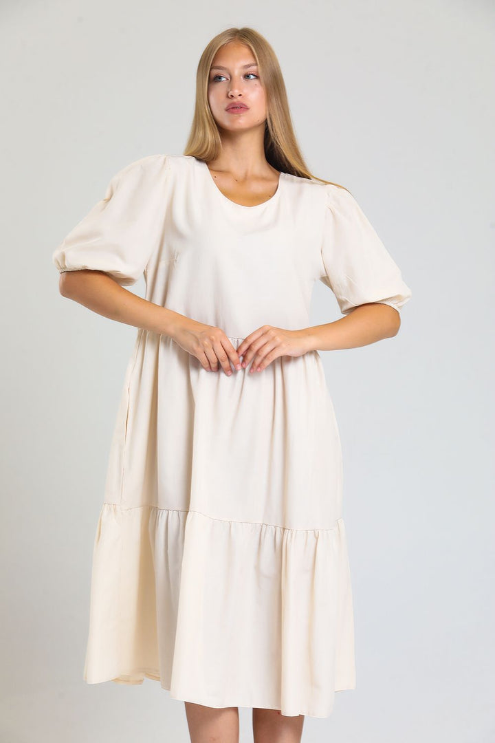 SNS Sense Beige Short Sleeve Cuff Elastic Frilly Casual Dress - Dessau-Rosslau
