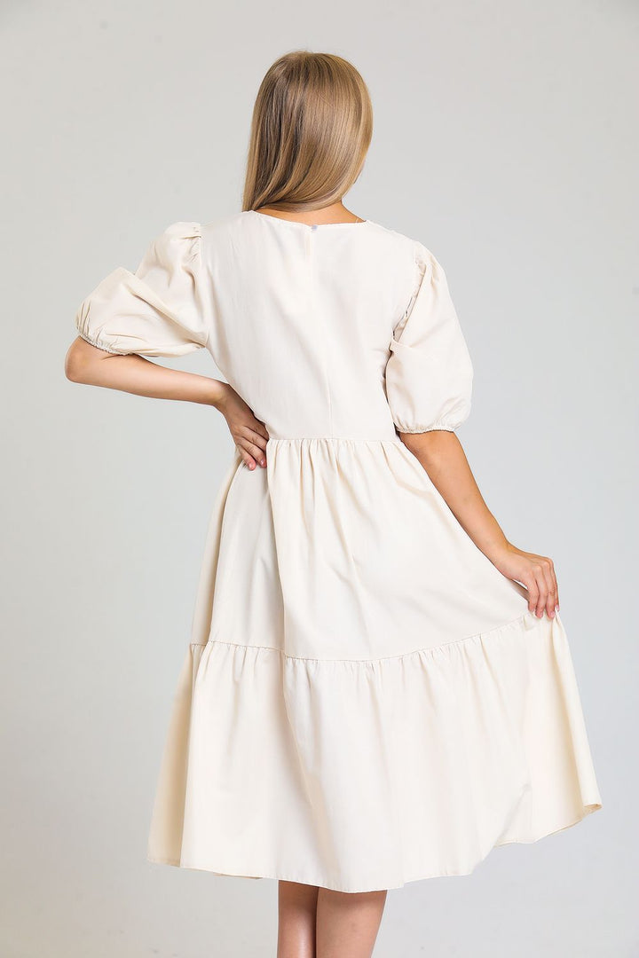 SNS Sense Beige Short Sleeve Cuff Elastic Frilly Casual Dress - Dessau-Rosslau