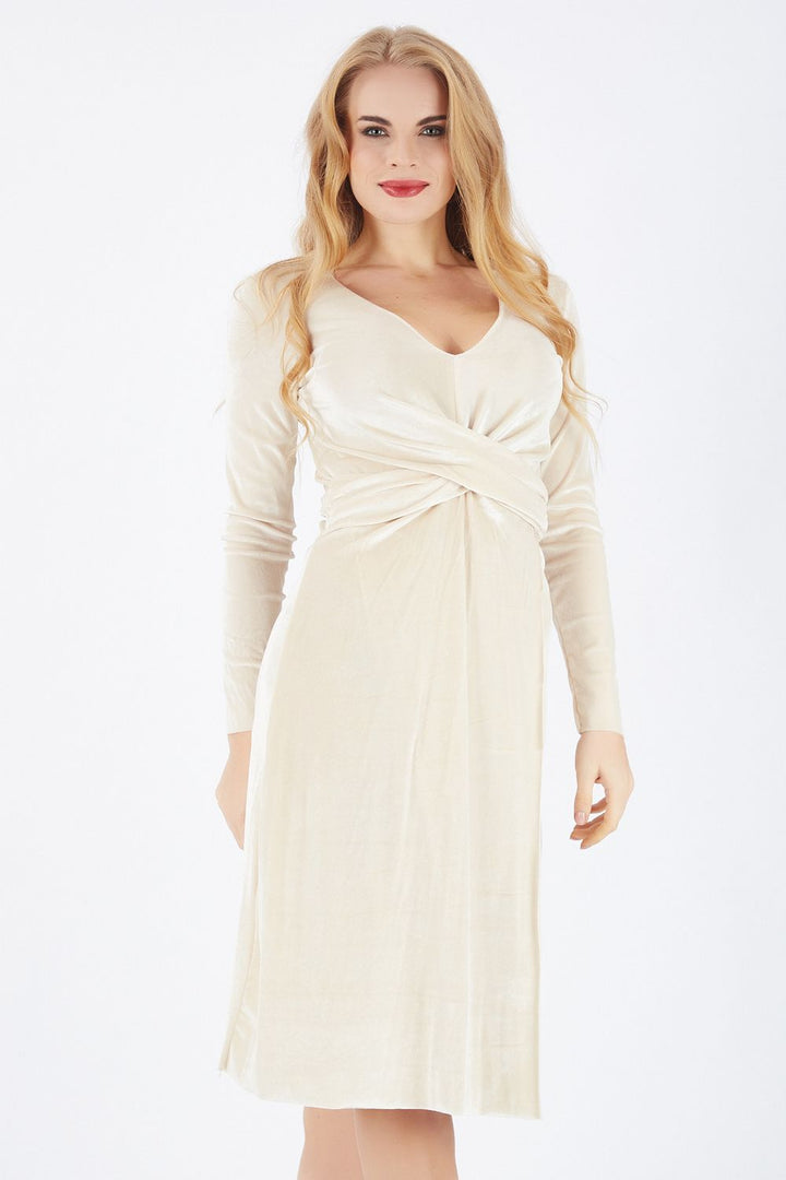 SNS Sense Beige Front Wrap Puff Sleeve Velvet Dress - Boyarka