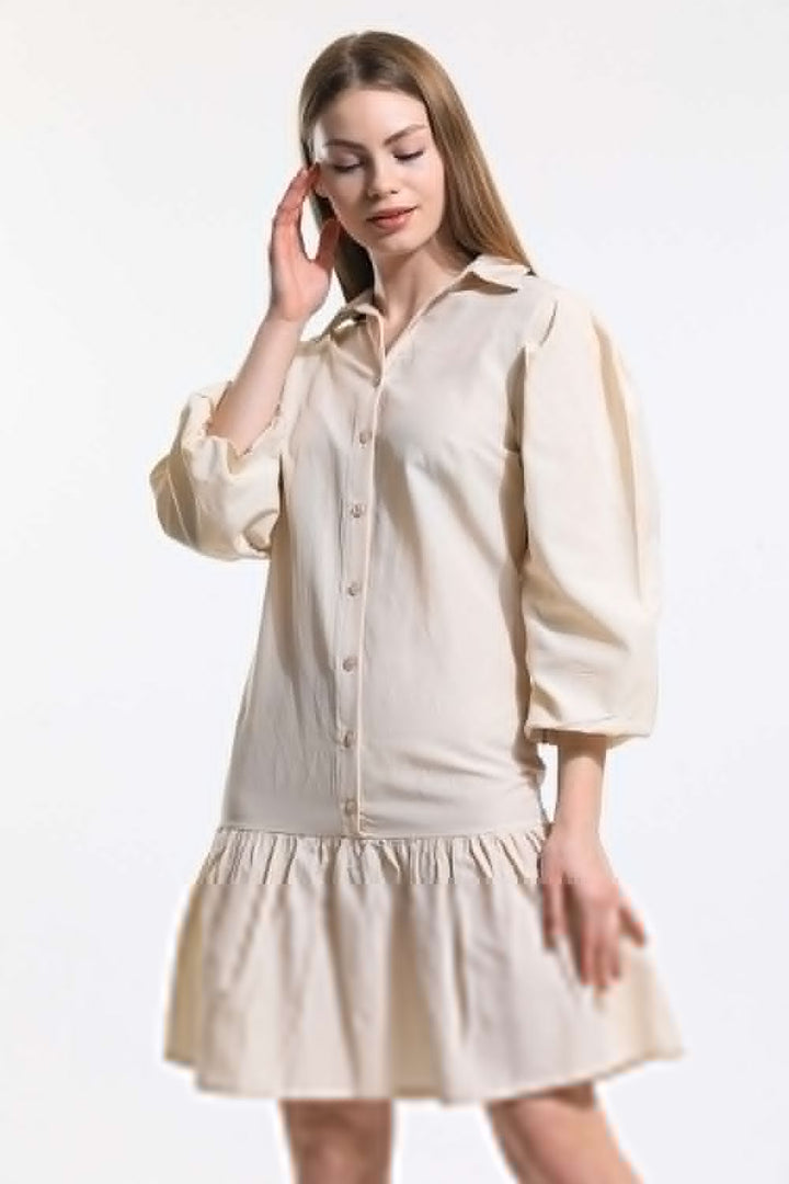 SNS Sense Beige Front Buttoned Shirt Collar Long Sleeve Dress - Mitrovicë