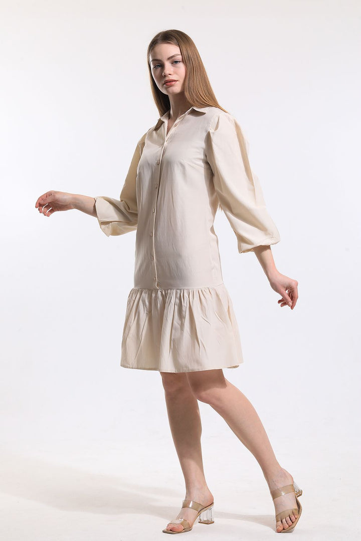 SNS Sense Beige Front Buttoned Shirt Collar Long Sleeve Dress - Mitrovicë
