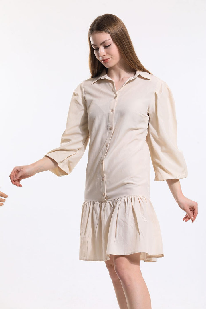 SNS Sense Beige Front Buttoned Shirt Collar Long Sleeve Dress - Mitrovicë