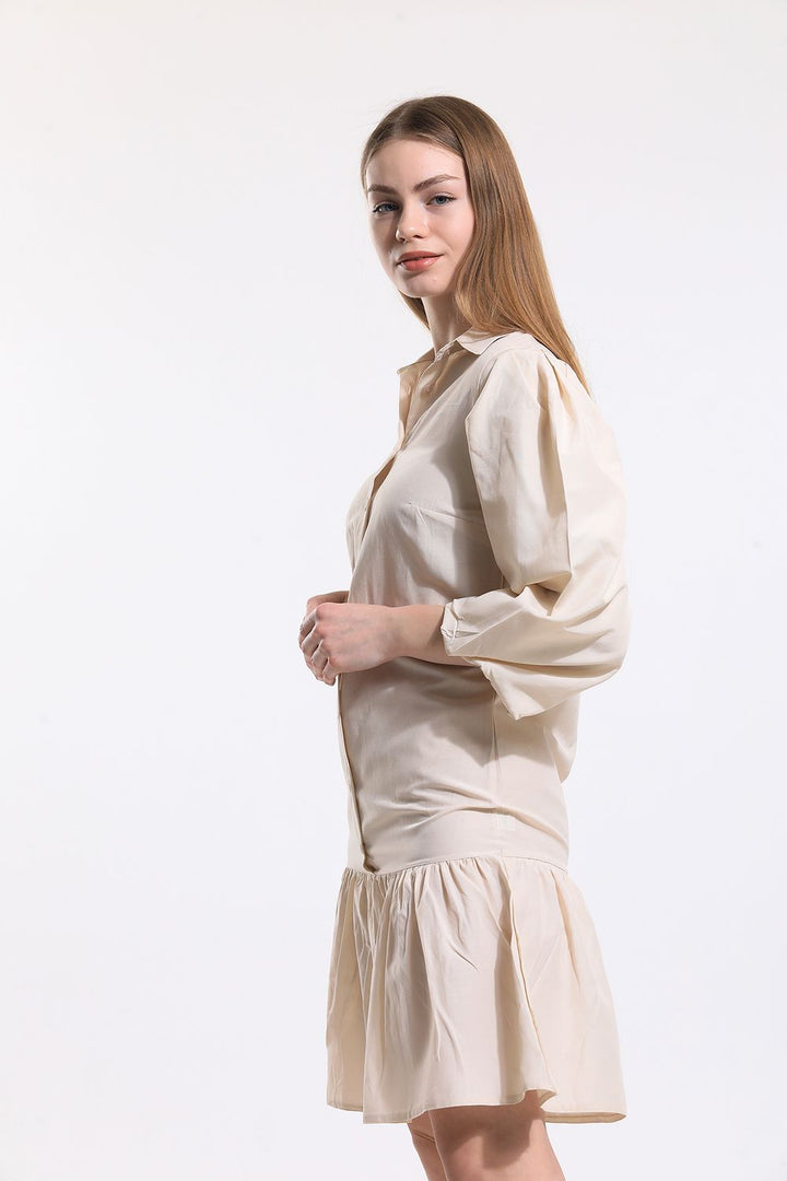 SNS Sense Beige Front Buttoned Shirt Collar Long Sleeve Dress - Mitrovicë