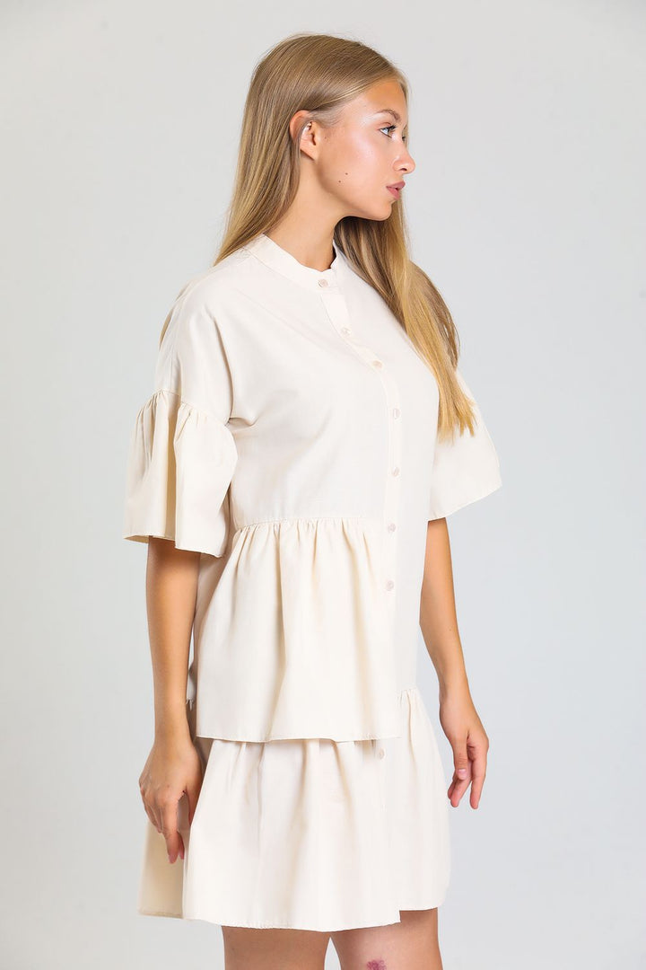 SNS Sense Beige Front Button Short Sleeve Dress - Skelmersdale
