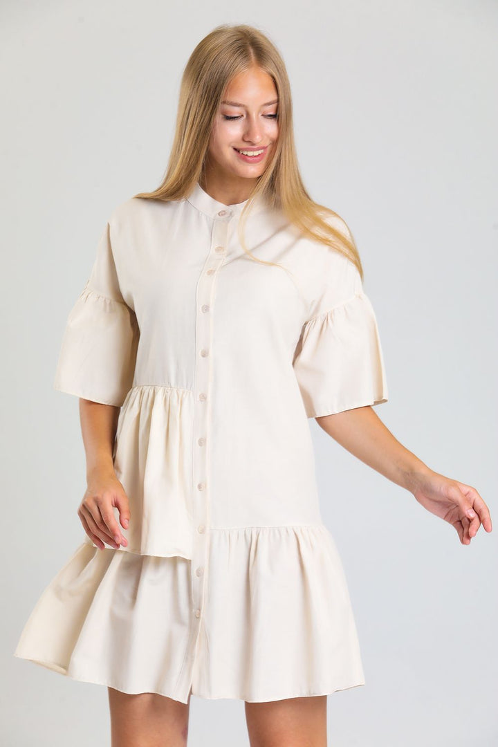SNS Sense Beige Front Button Short Sleeve Dress - Skelmersdale