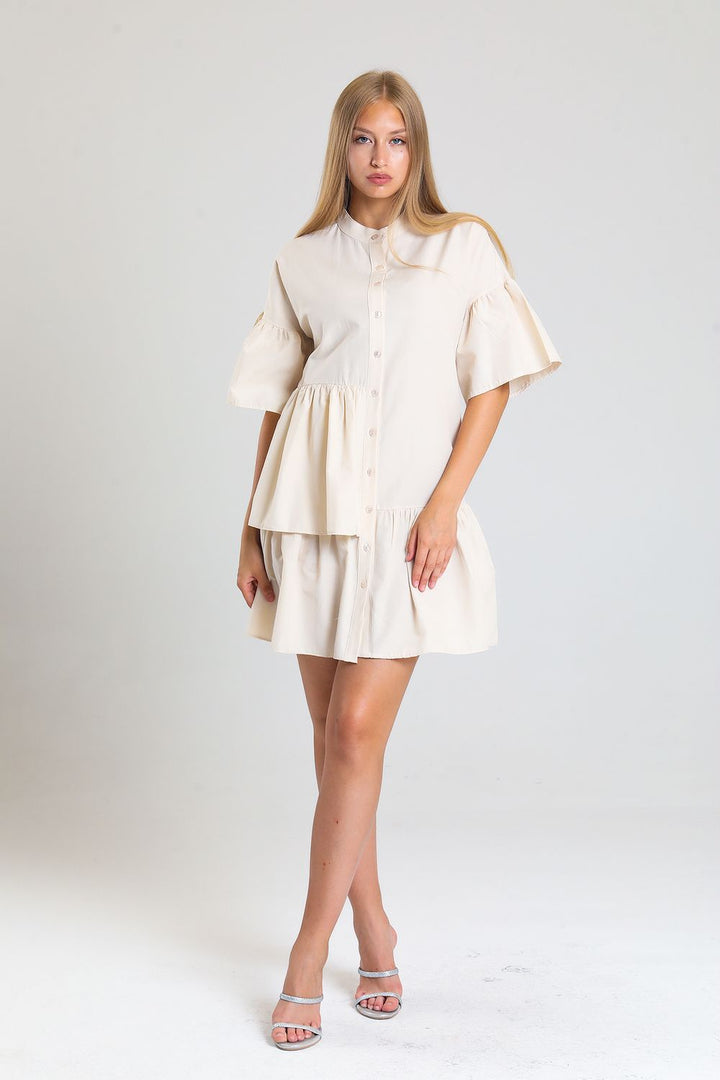 SNS Sense Beige Front Button Short Sleeve Dress - Skelmersdale