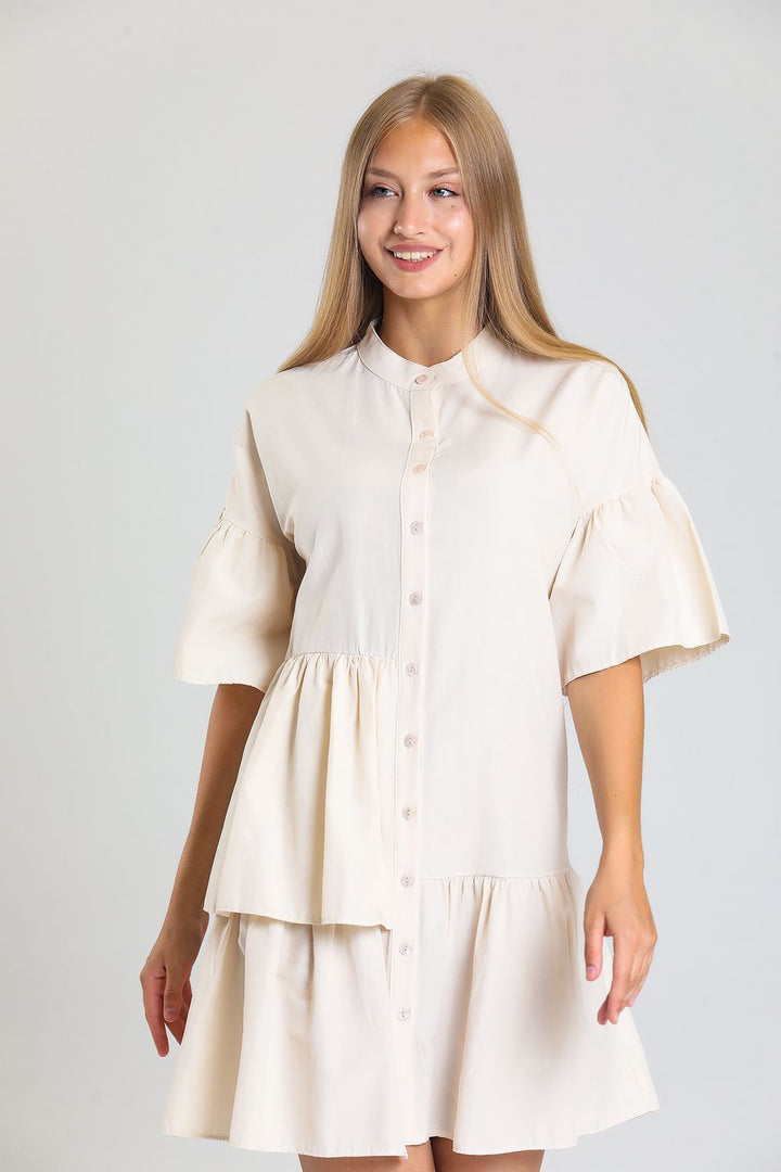 SNS Sense Beige Front Button Short Sleeve Dress - Skelmersdale