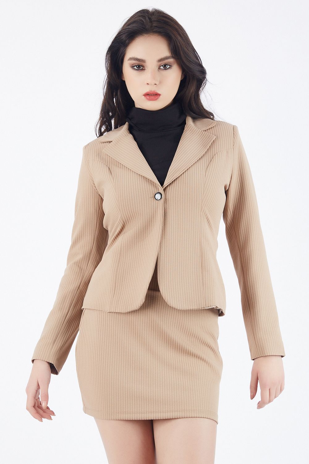 SNS Sense Beige Front Buttoned Ribbed Knit Jacket - Millcreek
