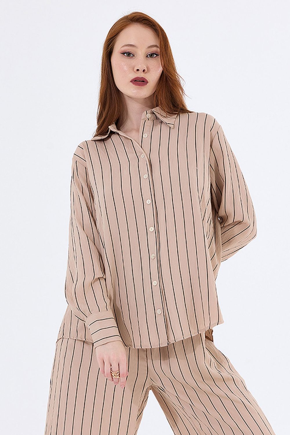 SNS Sense Beige Long Sleeve Slim Striped Viscose Shirt - Mérida