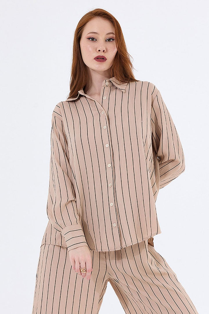 SNS Sense Beige Long Sleeve Slim Striped Viscose Shirt - Mérida