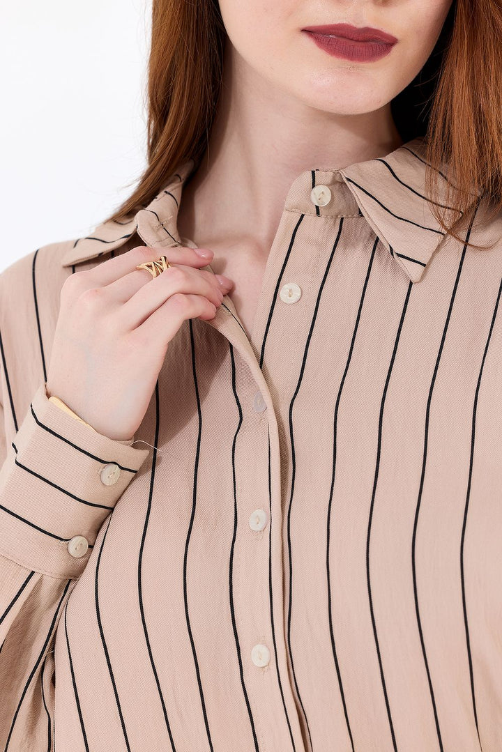 SNS Sense Beige Long Sleeve Slim Striped Viscose Shirt - Mérida