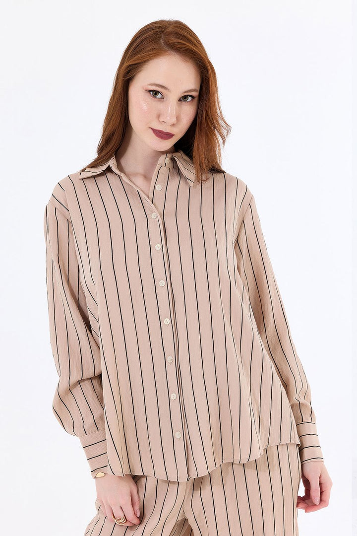SNS Sense Beige Long Sleeve Slim Striped Viscose Shirt - Mérida