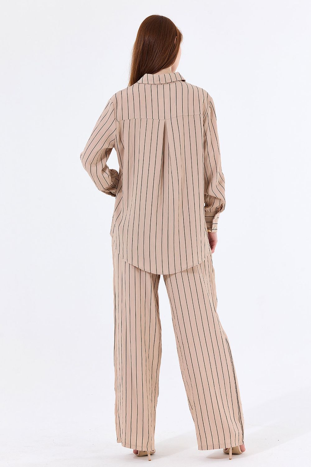 SNS Sense Beige Long Sleeve Slim Striped Viscose Shirt - Mérida