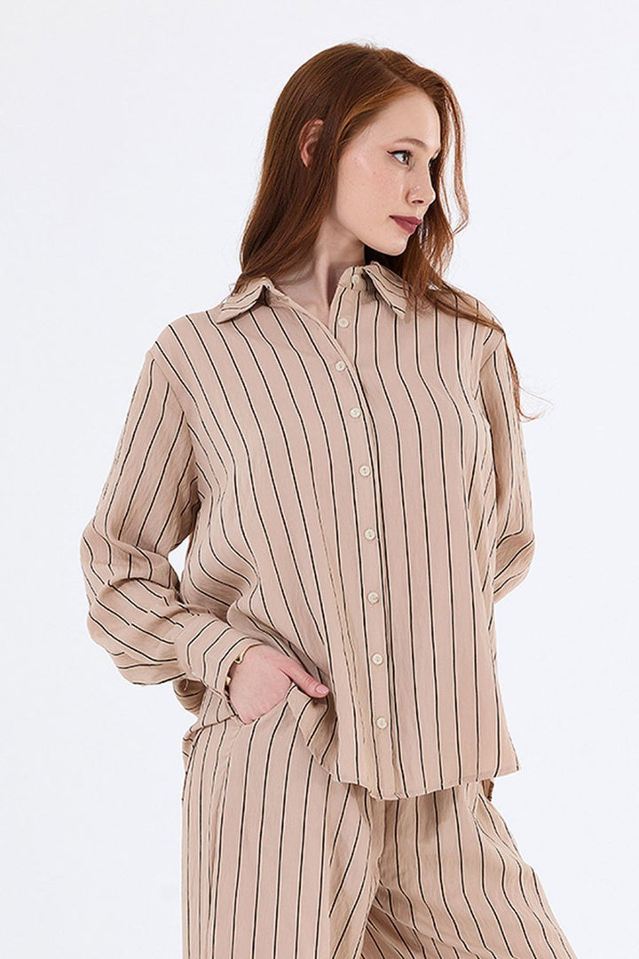 SNS Sense Beige Long Sleeve Slim Striped Viscose Shirt - Mérida