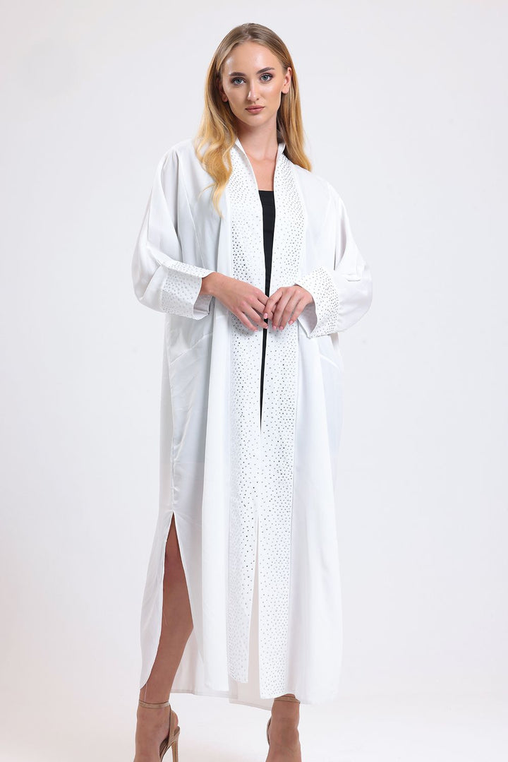 SNS Sense White Front Stone Detailed Abaya Kimono - The Woodlands