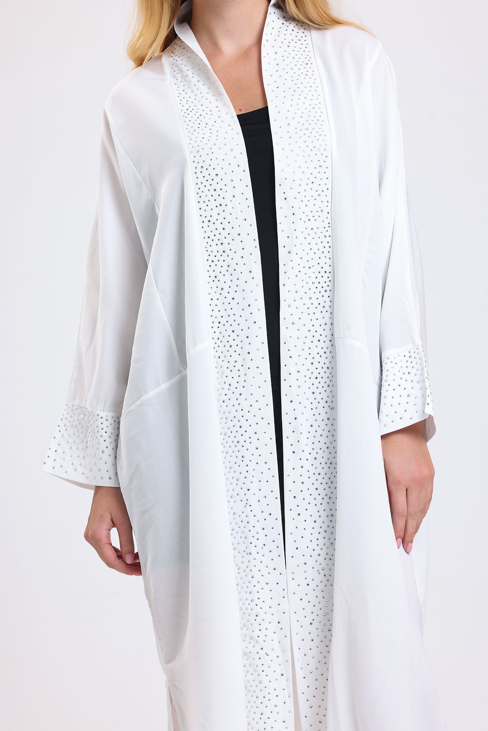 SNS Sense White Front Stone Detailed Abaya Kimono - The Woodlands