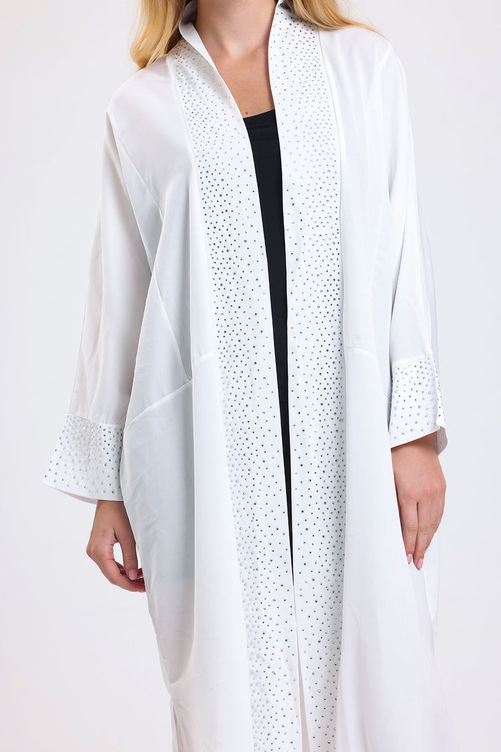 SNS Sense White Front Stone Detailed Abaya Kimono - The Woodlands