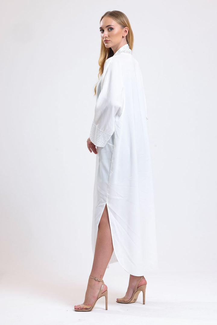 SNS Sense White Front Stone Detailed Abaya Kimono - The Woodlands