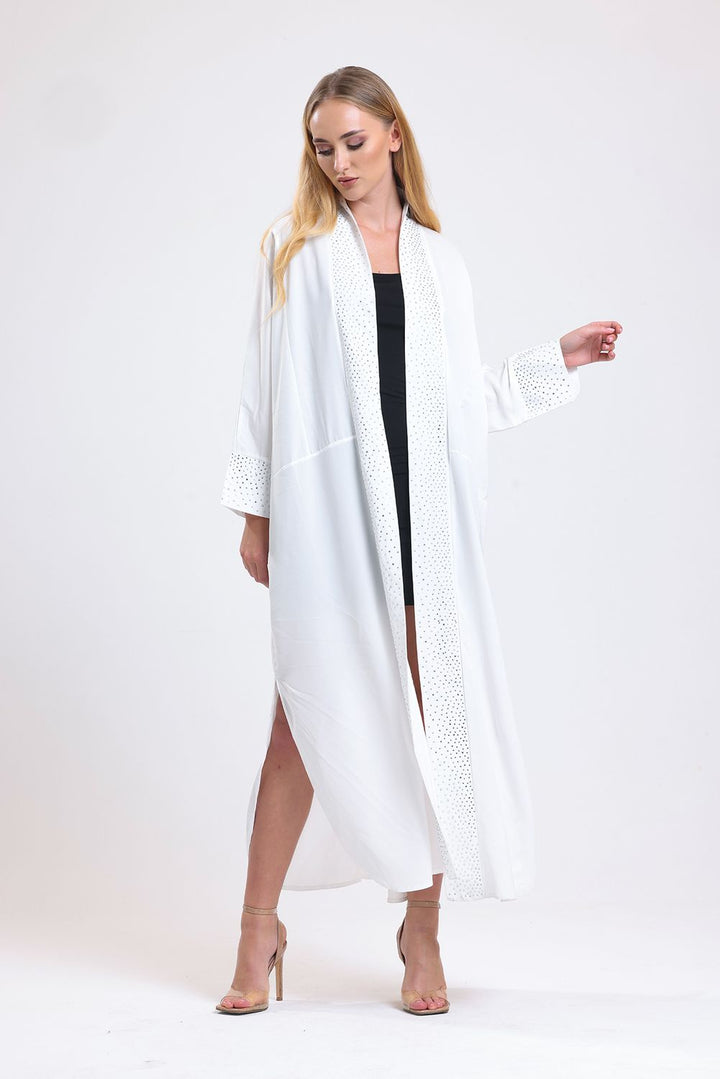 SNS Sense White Front Stone Detailed Abaya Kimono - The Woodlands