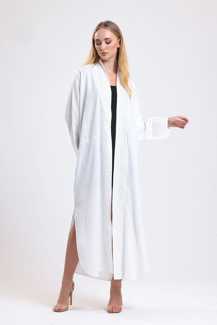 SNS Sense White Front Stone Detailed Abaya Kimono - The Woodlands