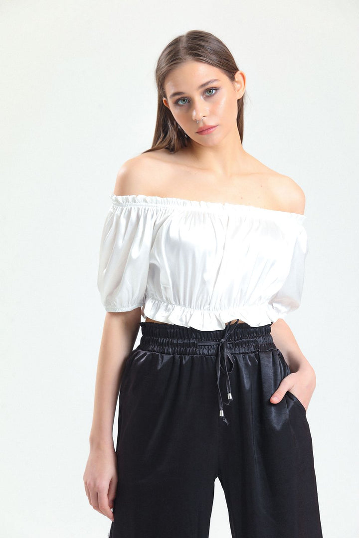 SNS Sense White Collar and Skirt Elastic Ruffled Cuff Elastic Satin Blouse - Manresa