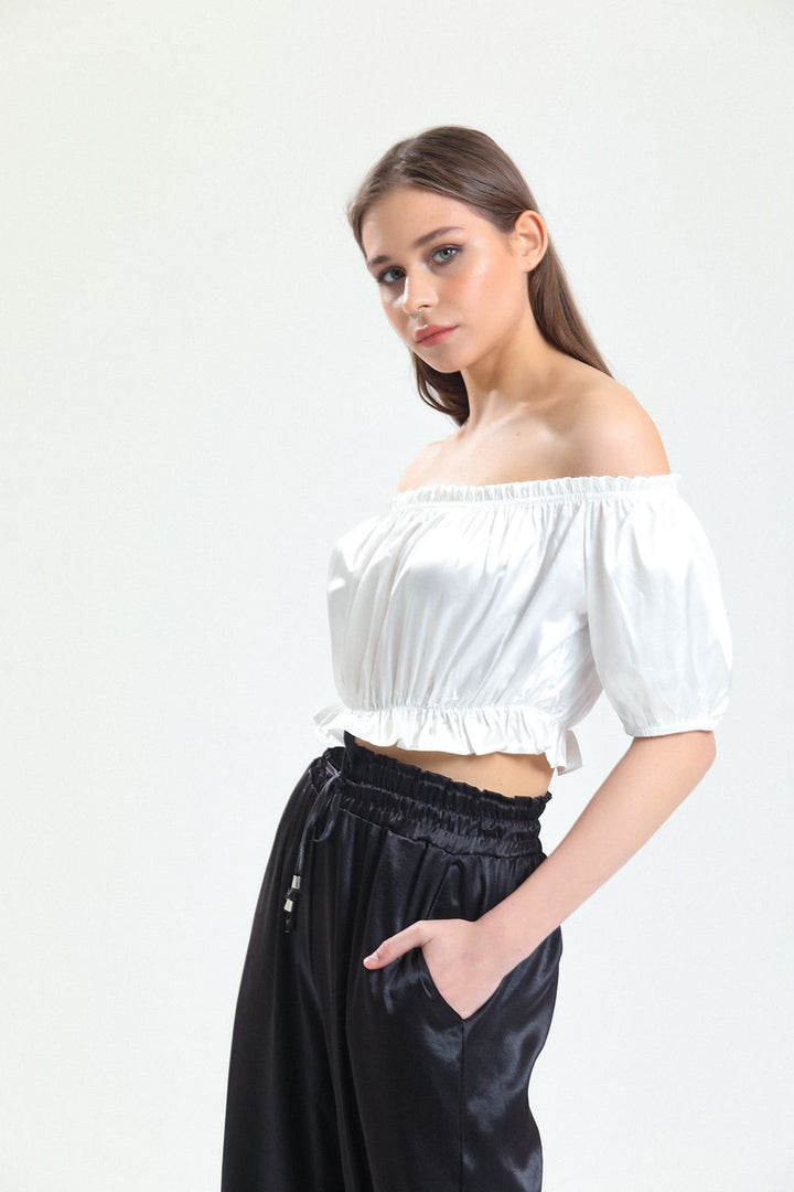 SNS Sense White Collar and Skirt Elastic Ruffled Cuff Elastic Satin Blouse - Manresa