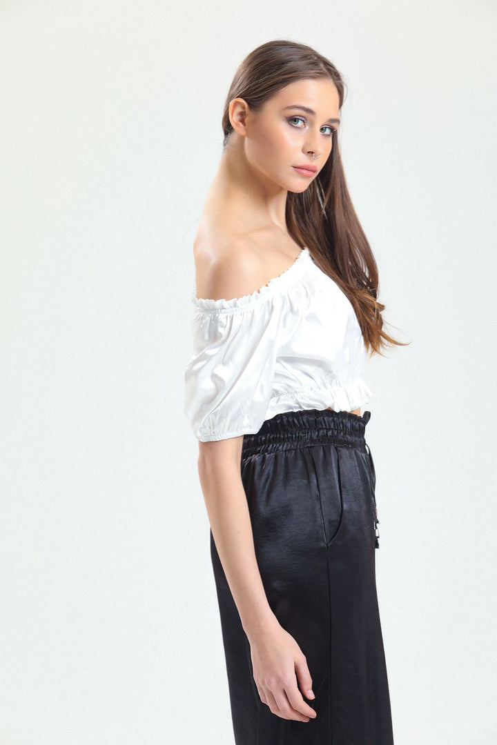 SNS Sense White Collar and Skirt Elastic Ruffled Cuff Elastic Satin Blouse - Manresa