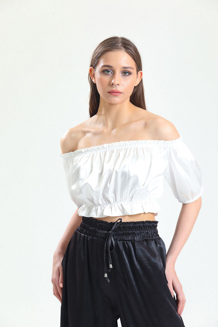 SNS Sense White Collar and Skirt Elastic Ruffled Cuff Elastic Satin Blouse - Manresa