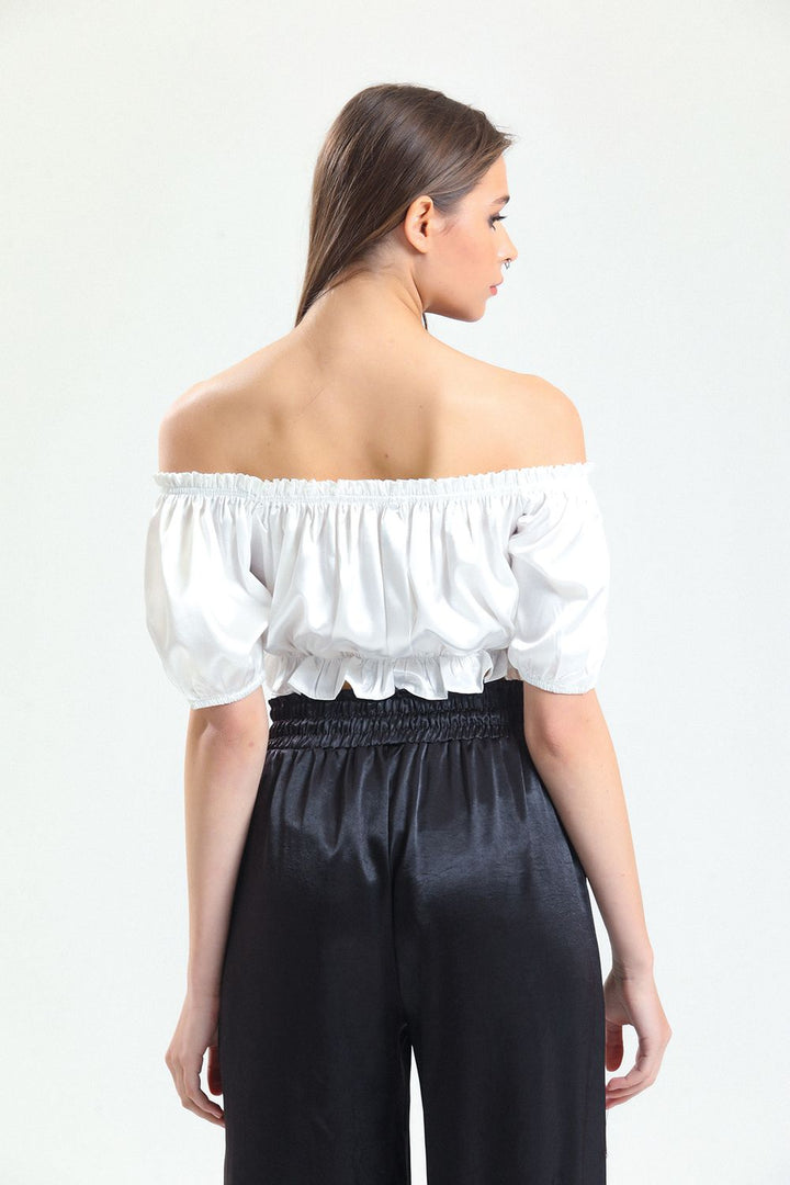 SNS Sense White Collar and Skirt Elastic Ruffled Cuff Elastic Satin Blouse - Manresa