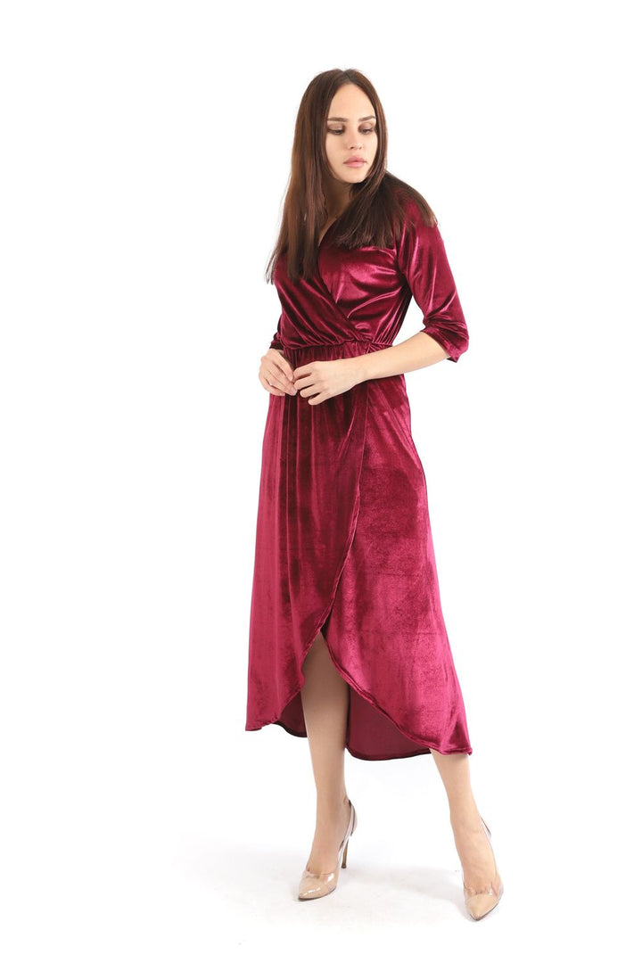 SNS Sense Burgundy Wrap Neck Skirt Patched Velvet Evening Dress - Waukesha