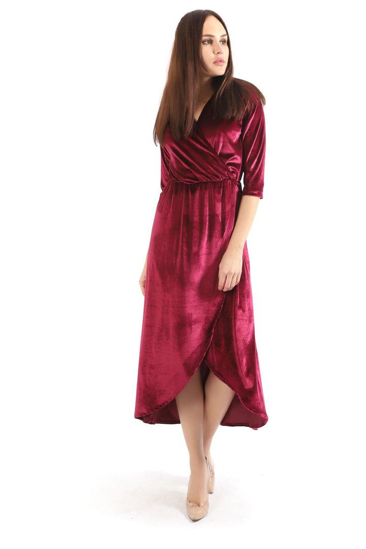 SNS Sense Burgundy Wrap Neck Skirt Patched Velvet Evening Dress - Waukesha