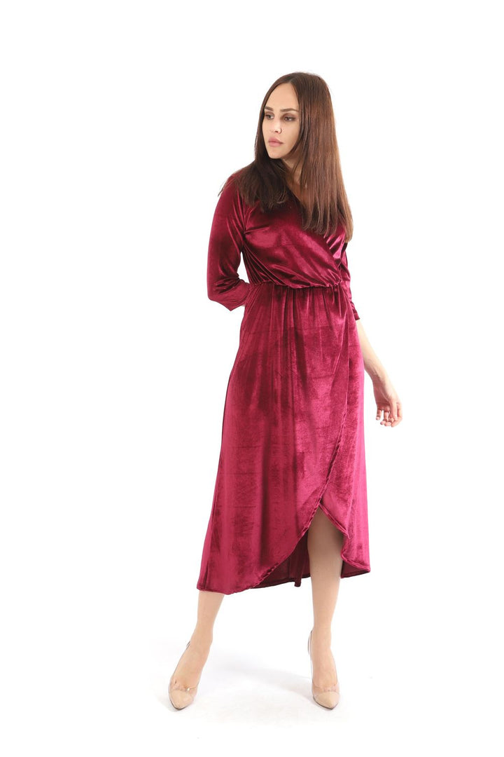 SNS Sense Burgundy Wrap Neck Skirt Patched Velvet Evening Dress - Waukesha