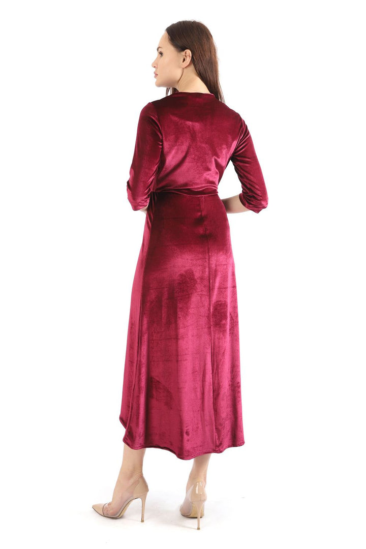 SNS Sense Burgundy Wrap Neck Skirt Patched Velvet Evening Dress - Waukesha