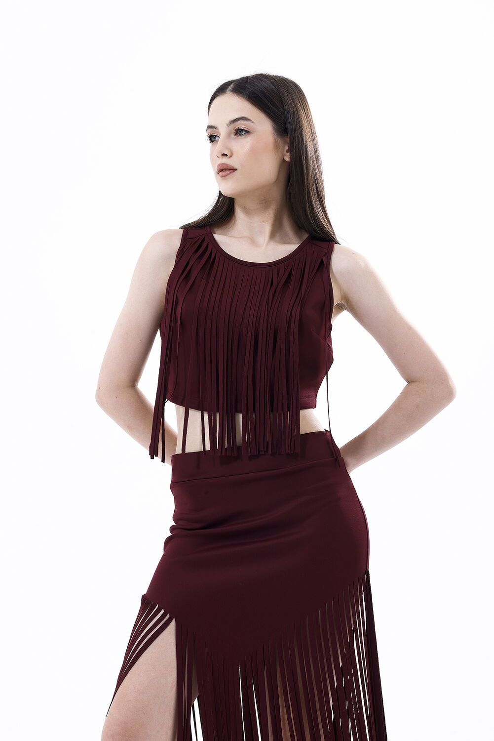 SNS Sense Burgundy Back Zip Front Fringed Scuba Bustier - Paterna