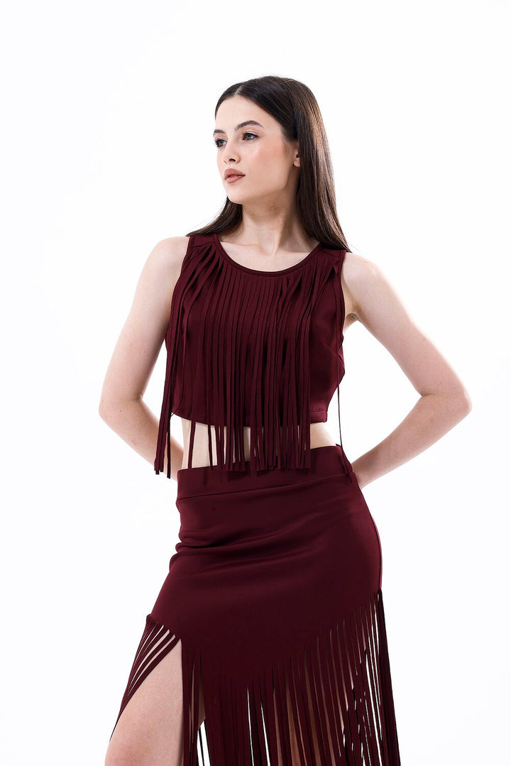 SNS Sense Burgundy Back Zip Front Fringed Scuba Bustier - Paterna