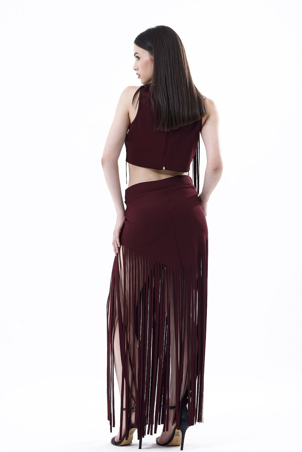 SNS Sense Burgundy Back Zip Front Fringed Scuba Bustier - Paterna