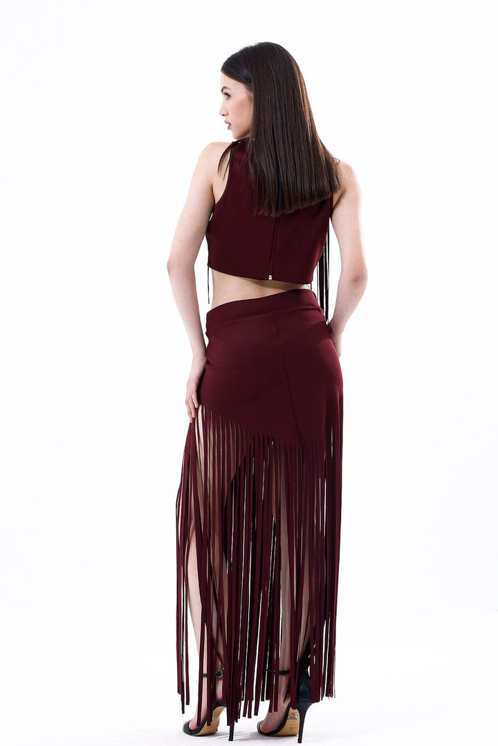 SNS Sense Burgundy Back Zip Front Fringed Scuba Bustier - Paterna